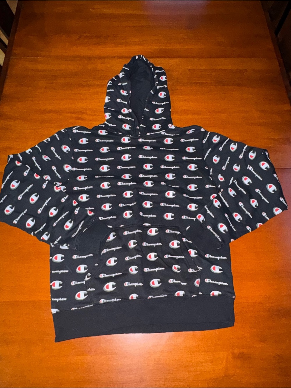 Champion Boys Youth XL Black All Over Logo Print Pullover Hoodie